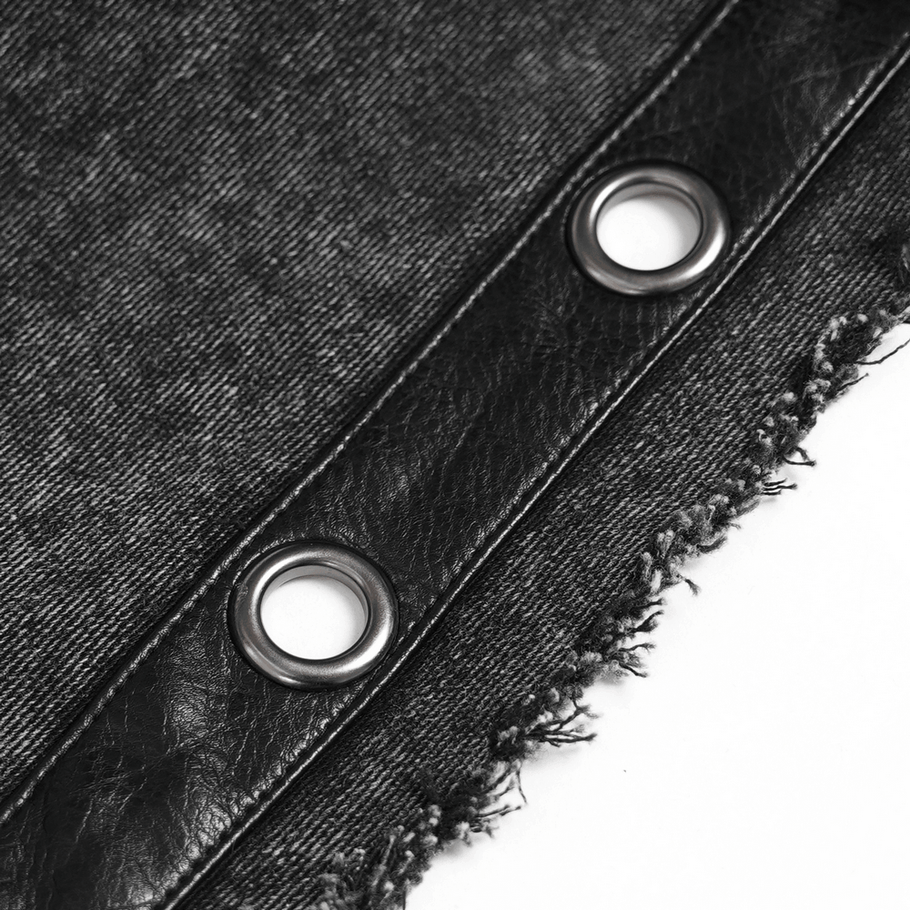 Close-up of metal grommet details on a Hooded Punk Denim Vest with Washed Distressed Hem, showcasing raw edges.