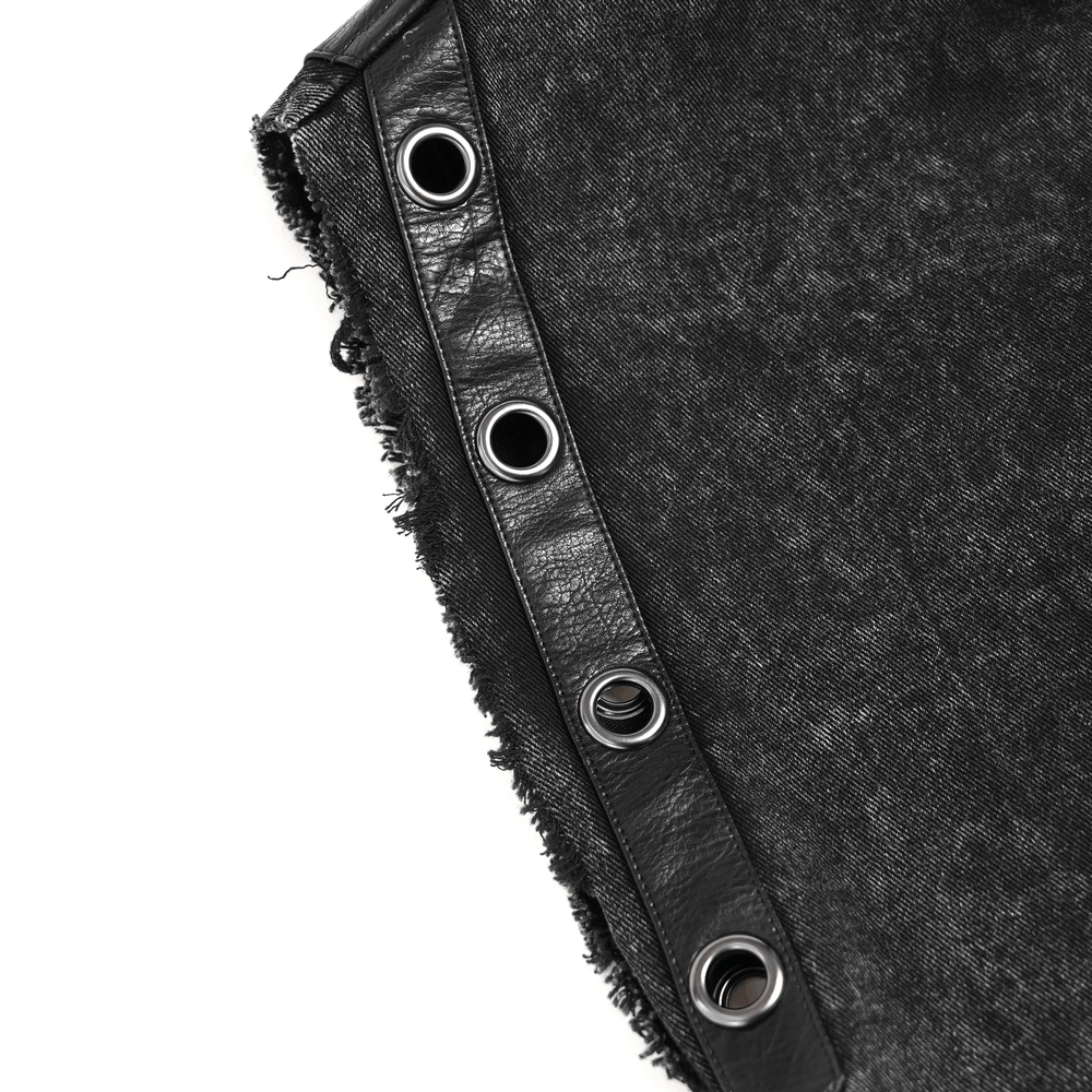Close-up of grommet details on the Hooded Punk Denim Vest with Washed Distressed Hem, showcasing edgy design.