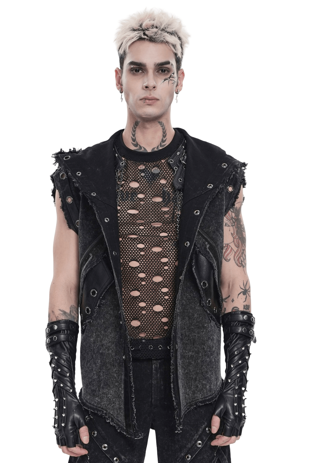 Hooded Punk Denim Vest with Washed Distressed Hem styled with bold mesh top and edgy accessories.