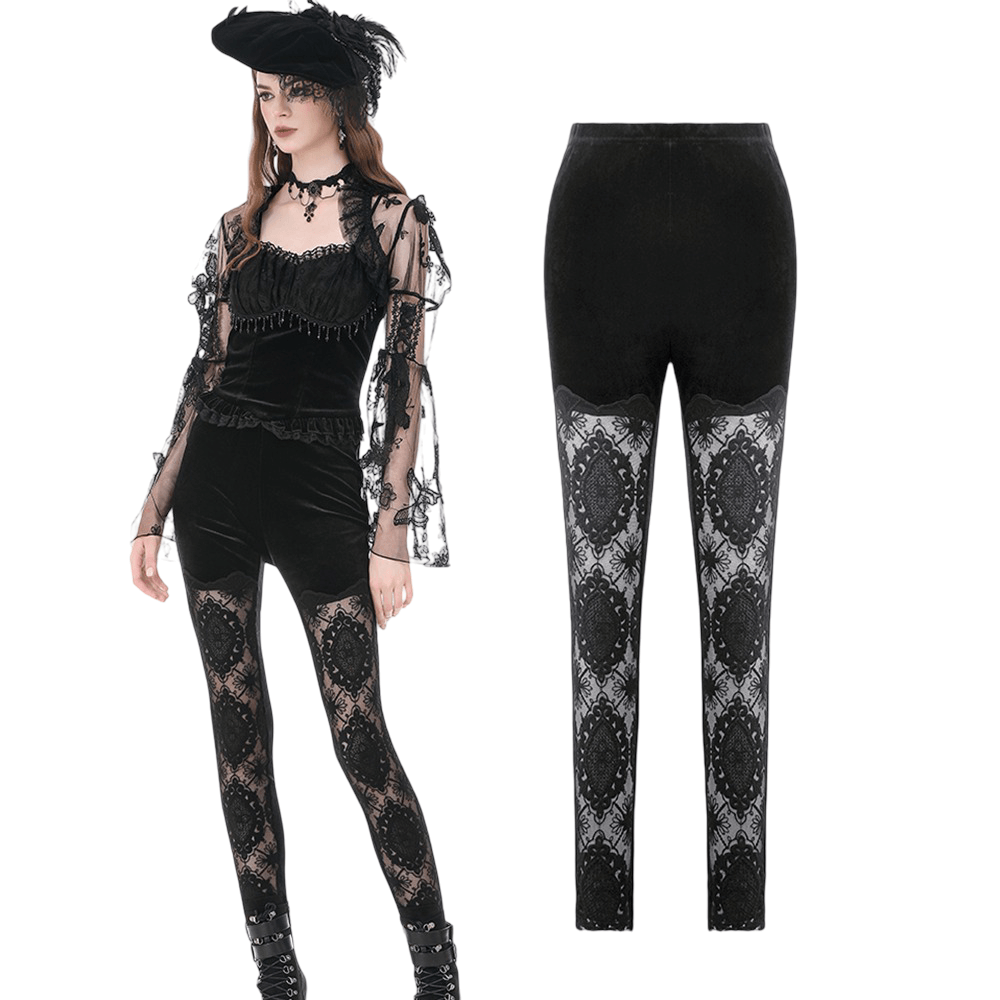 Intricate Black Lace Panel Leggings for Alternative Style showcased with gothic top and accessories.