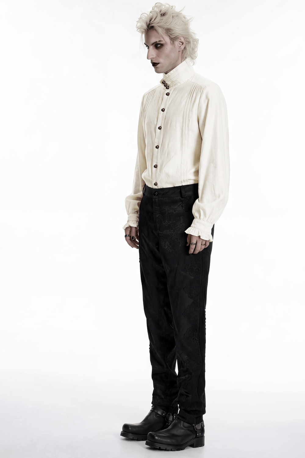 Ivory Gothic High Collar Jacquard Shirt for Men worn with black trousers, showcasing Victorian-inspired gothic fashion.