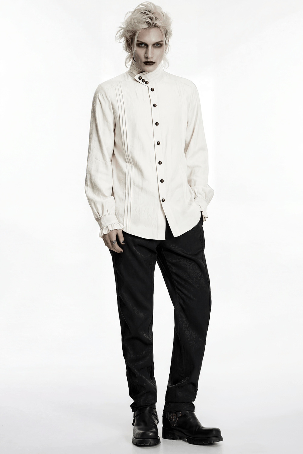 Ivory Gothic High Collar Jacquard Shirt for Men worn by a model with dramatic styling and a striking pose.