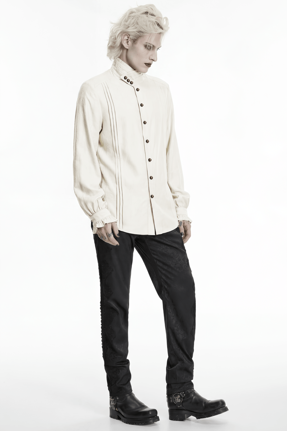 Ivory Gothic High Collar Jacquard Shirt for Men worn by a model with a striking pose.