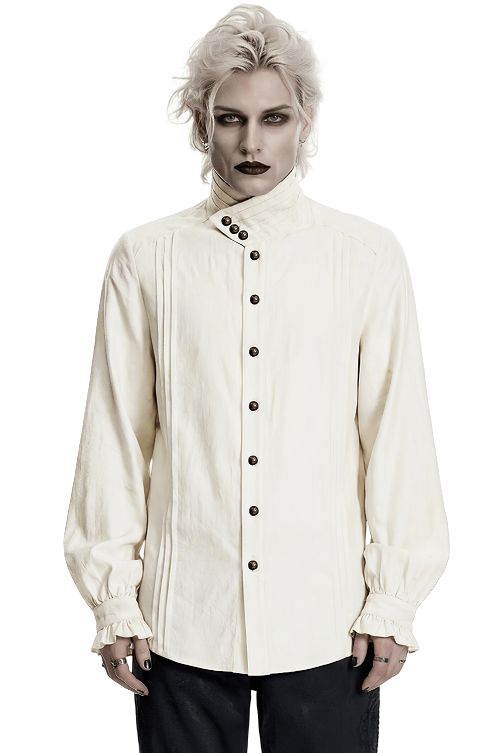 Ivory Gothic High Collar Jacquard Shirt for Men worn by a model with dramatic styling and Victorian-inspired features.
