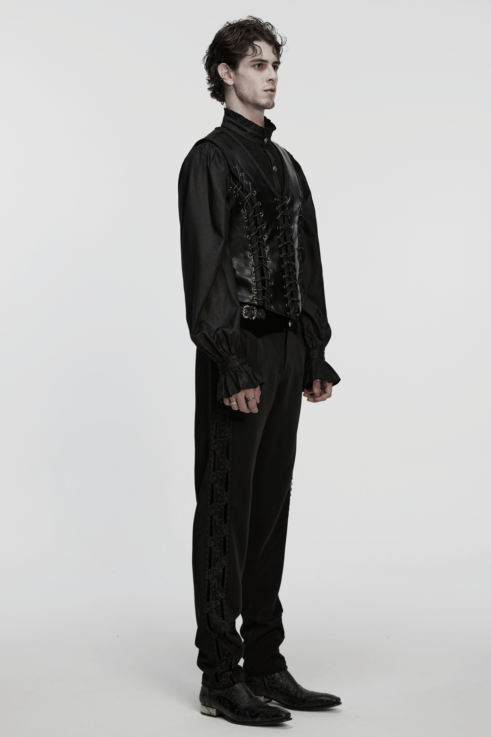 Laced Faux Leather Gothic Vest with Adjustable Sides worn by a model in an elegant pose, featuring metal lacing details.