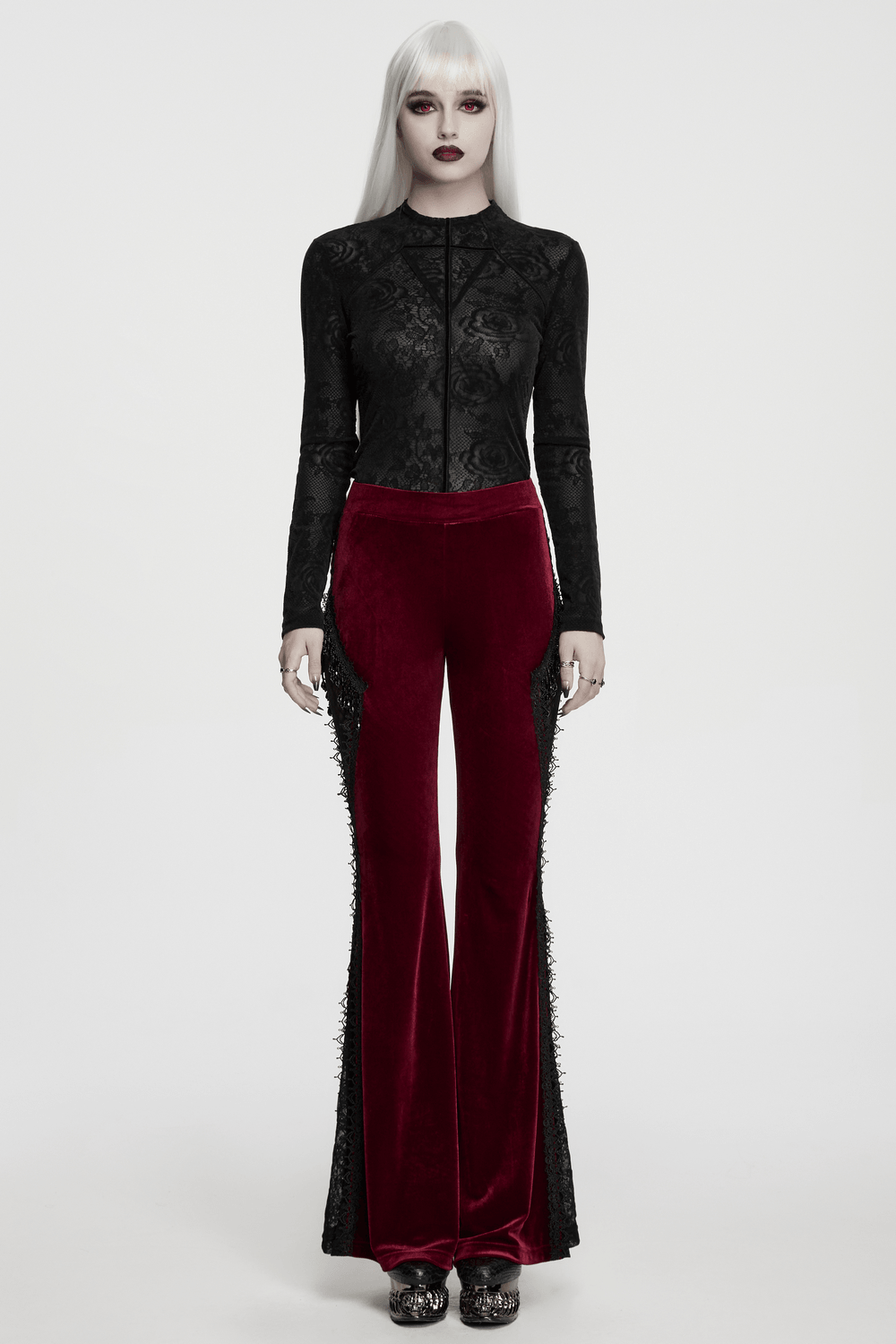 Luxurious Velvet Flared Pants with Lace Side Panels, showcasing gothic elegance and intricate lace details.