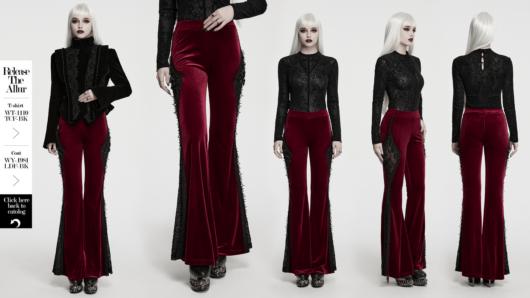 Luxurious Velvet Flared Pants with Lace Side Panels showcased on a model, featuring stunning lace details and a vintage silhouette.