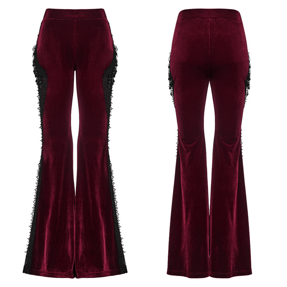 Luxurious Velvet Flared Pants with Lace Side Panels in burgundy, featuring lace side panels and tassel bead chains.
