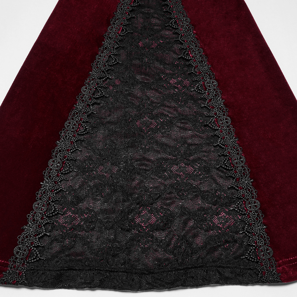 Close-up of Luxurious Velvet Flared Pants with Lace Side Panels featuring intricate embroidered lace details.