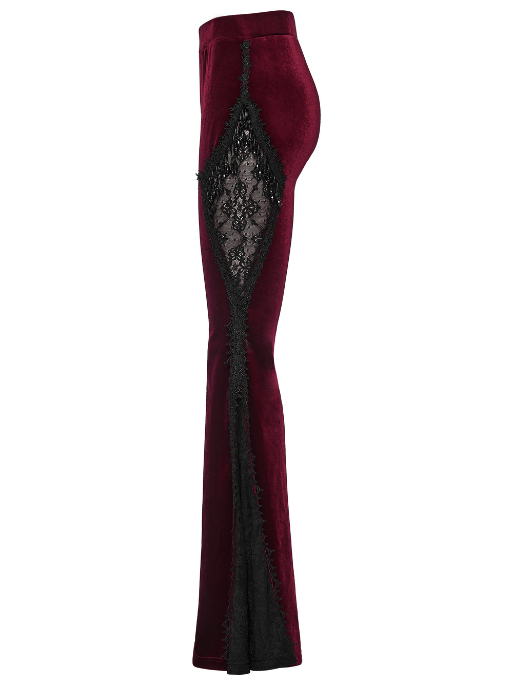 Luxurious Velvet Flared Pants with Lace Side Panels showcasing a gothic design with embroidered lace and tassel bead chains.