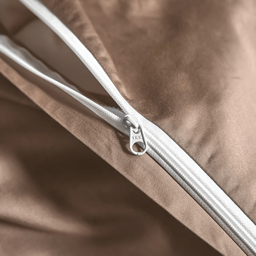 Luxury Duvet Cover Set with Flat or Fitted Sheet Options zipper detail on elegant Egyptian cotton satin fabric.