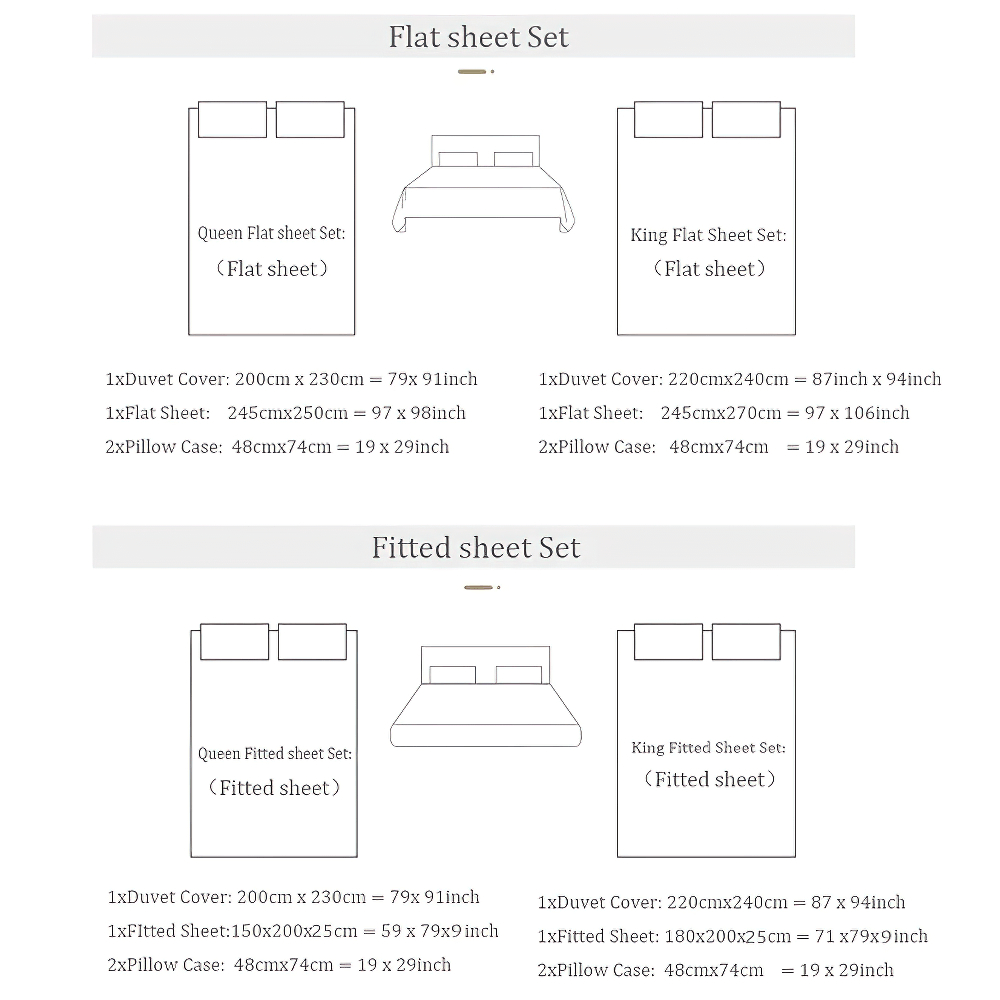 Luxury Duvet Cover Set with Flat or Fitted Sheet Options dimensions for Queen and King sizes.
