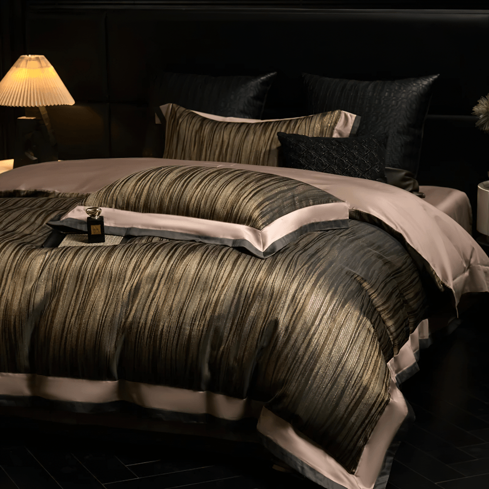 Luxury Duvet Cover Set with Flat or Fitted Sheet Options in elegant striped design, featuring satin finish and pillowcases.