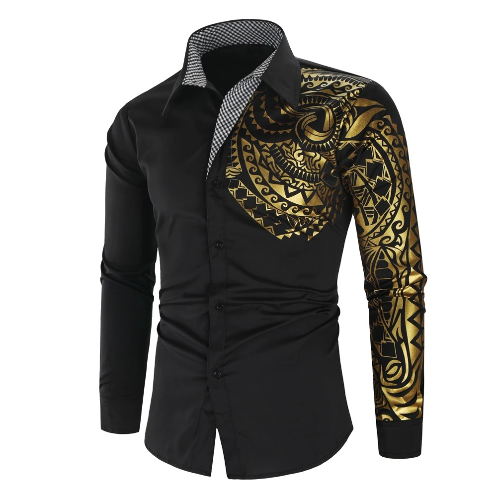 Luxury Men's Shirt with Gold Print / Fashion Slim Fit Long Sleeve Shirts - HARD'N'HEAVY