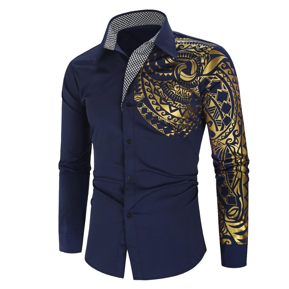 Luxury Men's Shirt with Gold Print / Fashion Slim Fit Long Sleeve Shirts - HARD'N'HEAVY