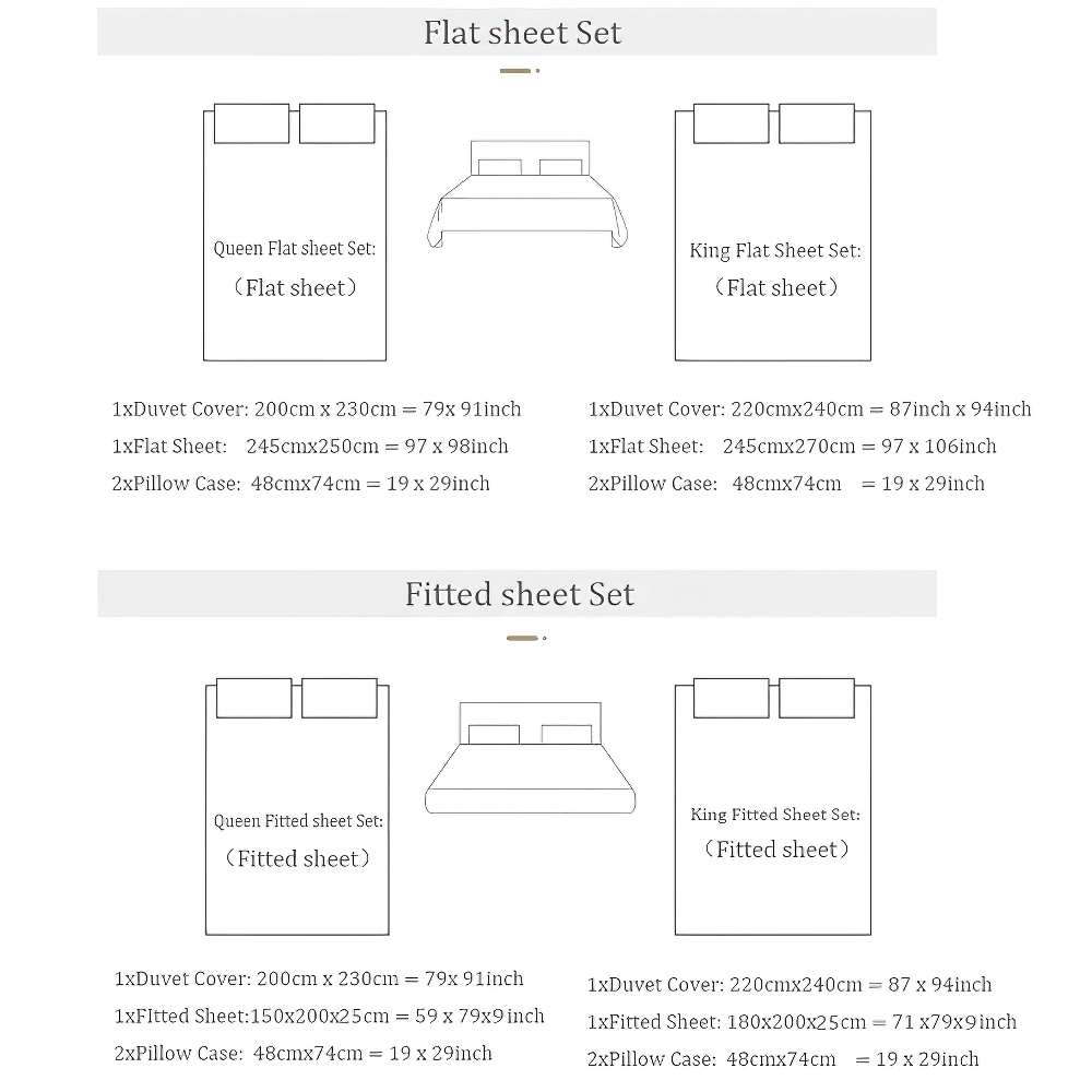 Luxury Solid Color Duvet Cover and Bedding Set size details for flat and fitted sheets with pillowcases.