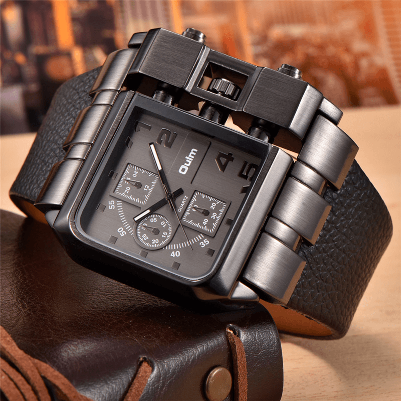 Luxury square dial wristwatch with wide strap, bold unisex fashion quartz watch, sophisticated geometric design.
