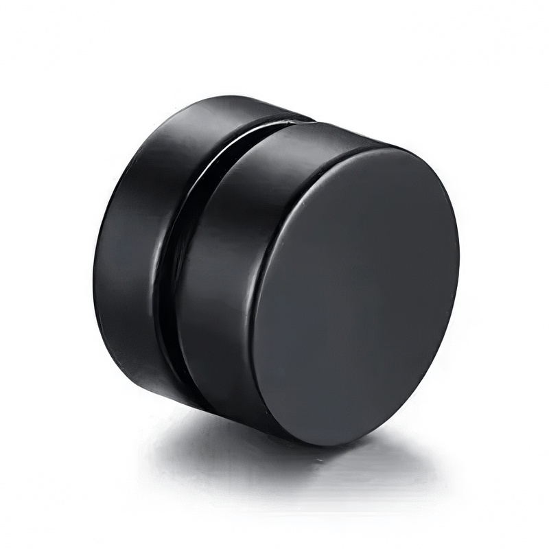Magnetic black stud earrings for men and women, stylish stainless steel jewelry with a polished finish.