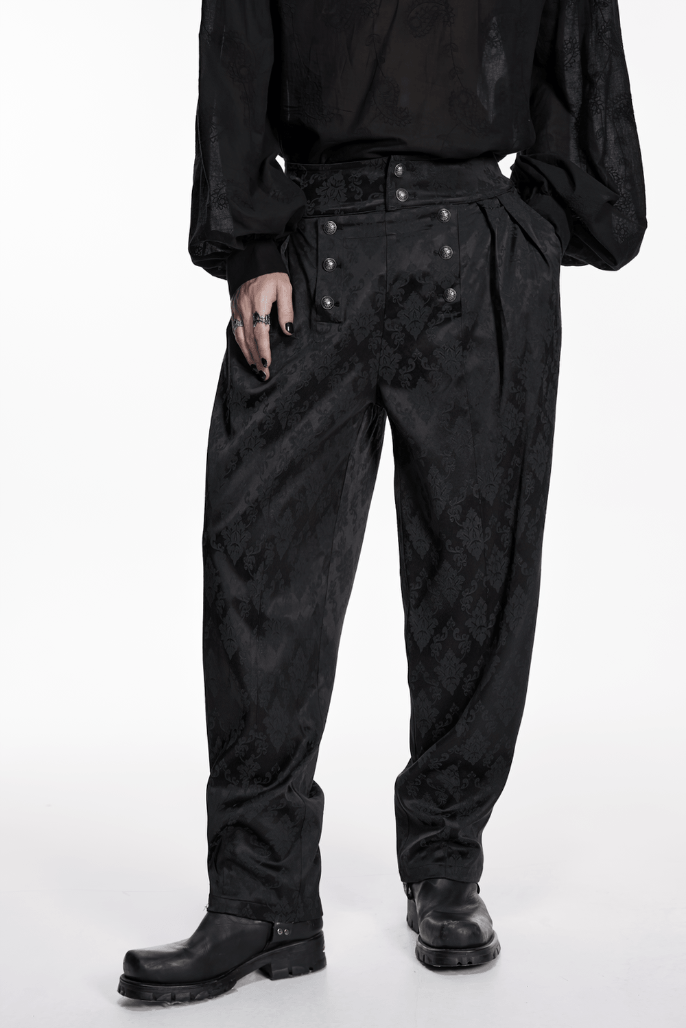 Male Black Gothic Jacquard Tapered Fit Trousers featuring a sleek, retro tailored design and ornate woven patterns.
