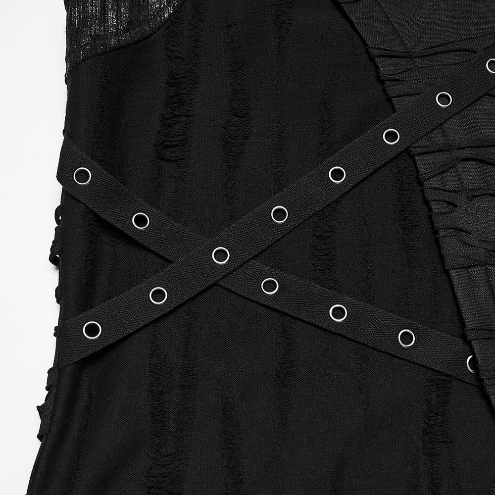 Male Distressed Hooded Gothic Asymmetrical Sleeveless Top with distressed fabric and eyelet strap details.
