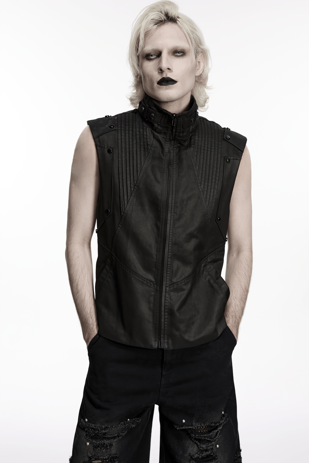 Men's Black Cyberpunk Sleeveless Stand Collar Vest modeled by a model in a dark, edgy aesthetic with a serious expression.