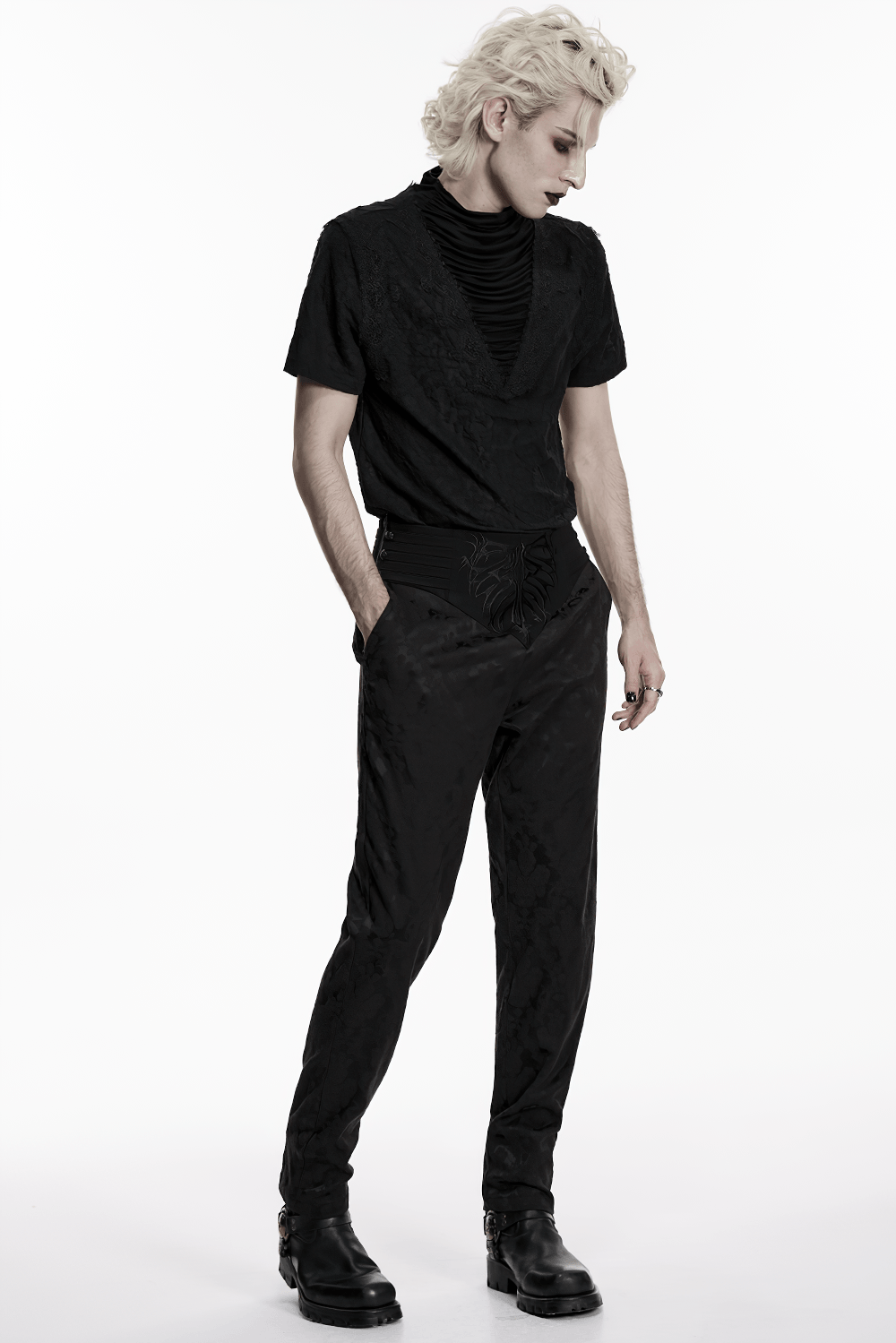 Men's Black Gothic Embroidered Jacquard Pants worn by a model showcasing a dark, textured look with stylish fits.
