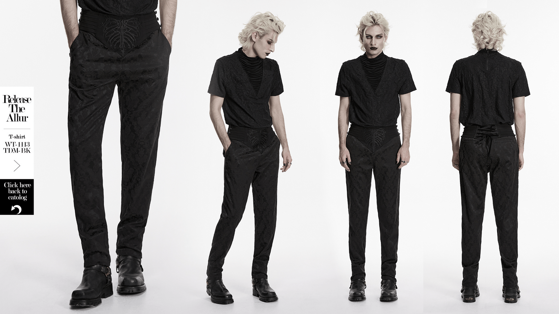 Men's Black Gothic Embroidered Jacquard Pants showcased with a stylish model in various poses.