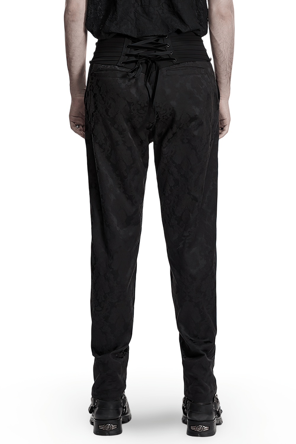 Men's Black Gothic Embroidered Jacquard Pants showcasing back lace-up drawstring and pleated waist detail.