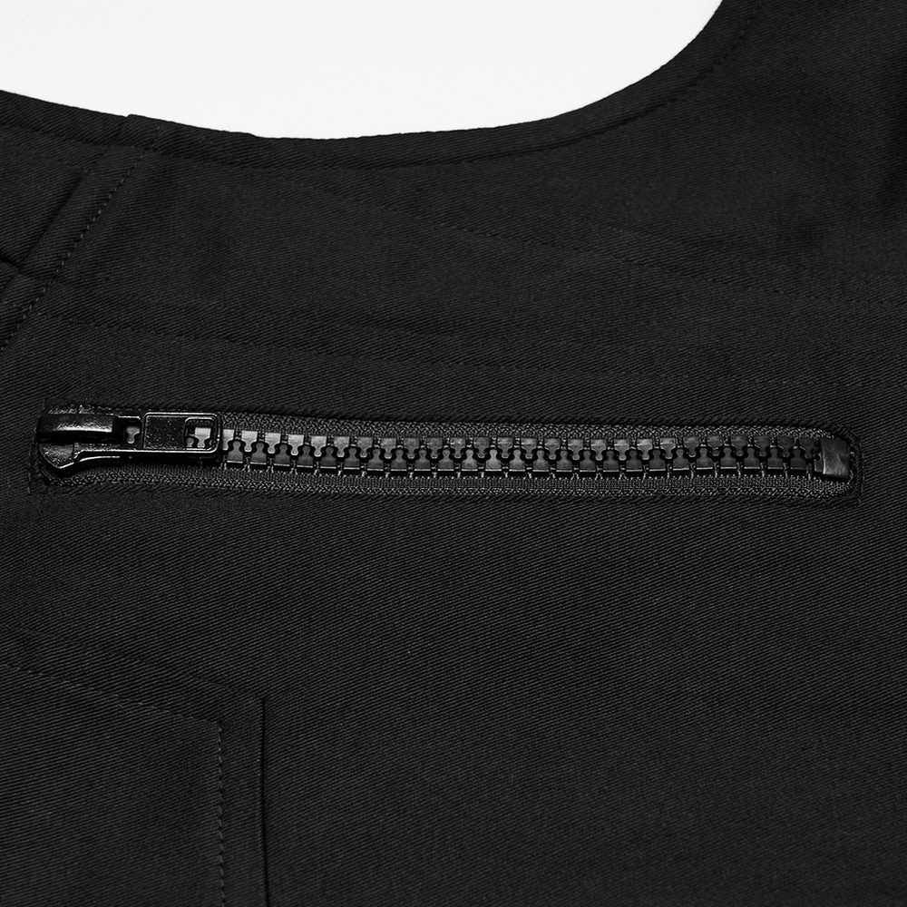 Men's Black Industrial Punk Vest with Rivet Detail close-up of black zipper detail