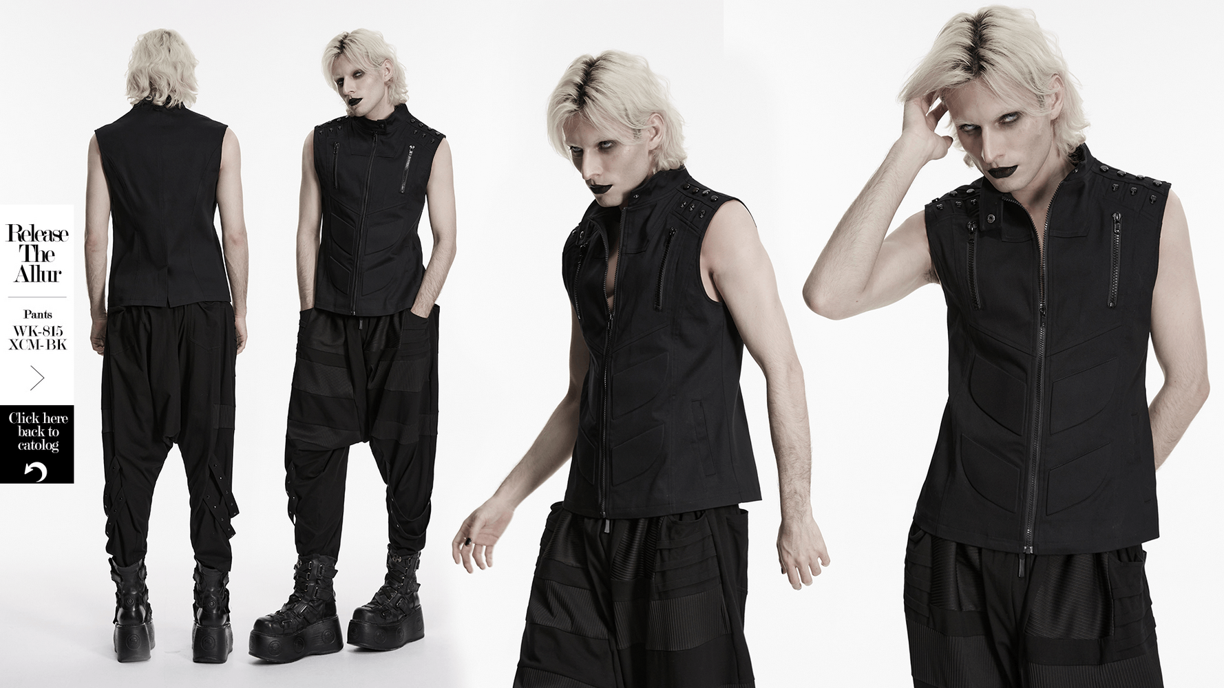 Men's Black Industrial Punk Vest with Rivet Detail worn by model showcasing punk style with shoulder studs and zippers.