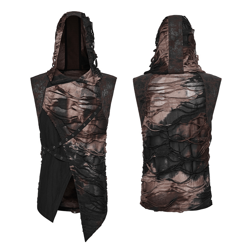 Men's Brown Post-Apocalyptic Hooded Asymmetric Sleeveless Top showing tattered design and unique hood for dystopian fashion.