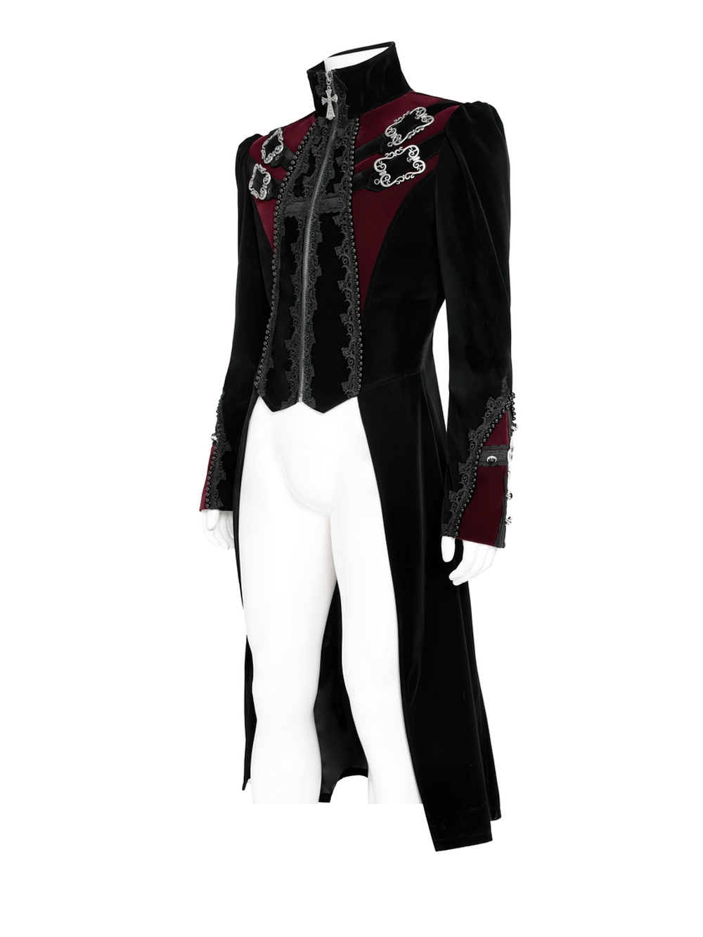 Men's Elegant Black Burgundy Gothic Velvet Tailcoat with lace trim and ornate buckles for a dramatic Victorian look.