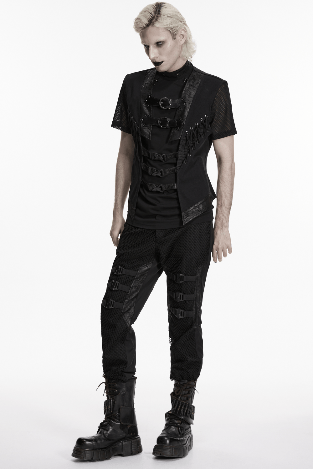 Men's Gothic Buckle Strap Open Front Black Vest worn by model with punk style outfit and platform boots.
