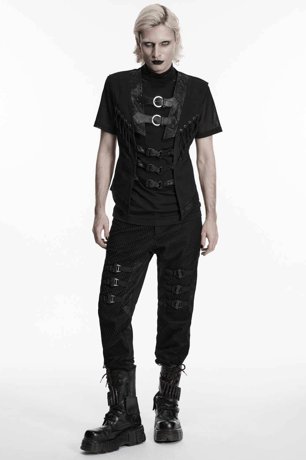 Men's Gothic Buckle Strap Open Front Black Vest worn with black pants and boots, showcasing a punk style.
