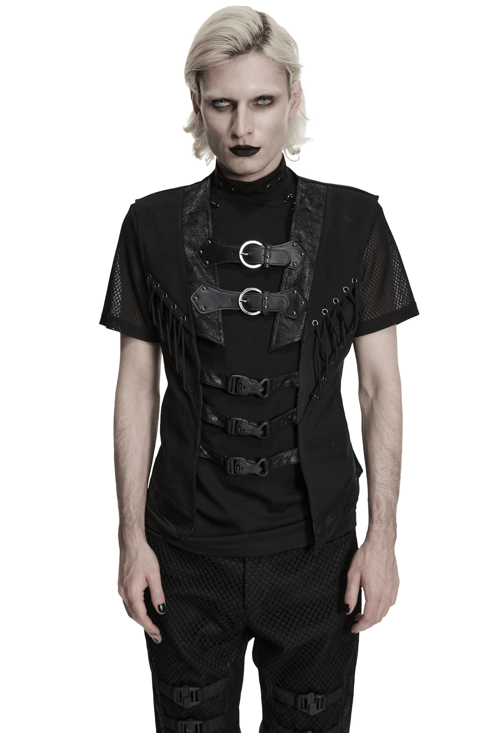 Men's Gothic Buckle Strap Open Front Black Vest showcased by a model in an edgy punk style with leather straps and mesh.