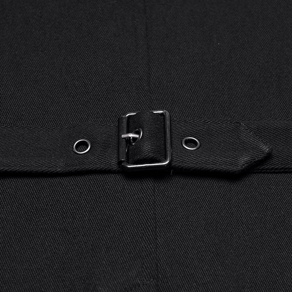 Detail of the buckle strap on Men's Gothic Buckle Strap Open Front Black Vest showcasing its punk style.