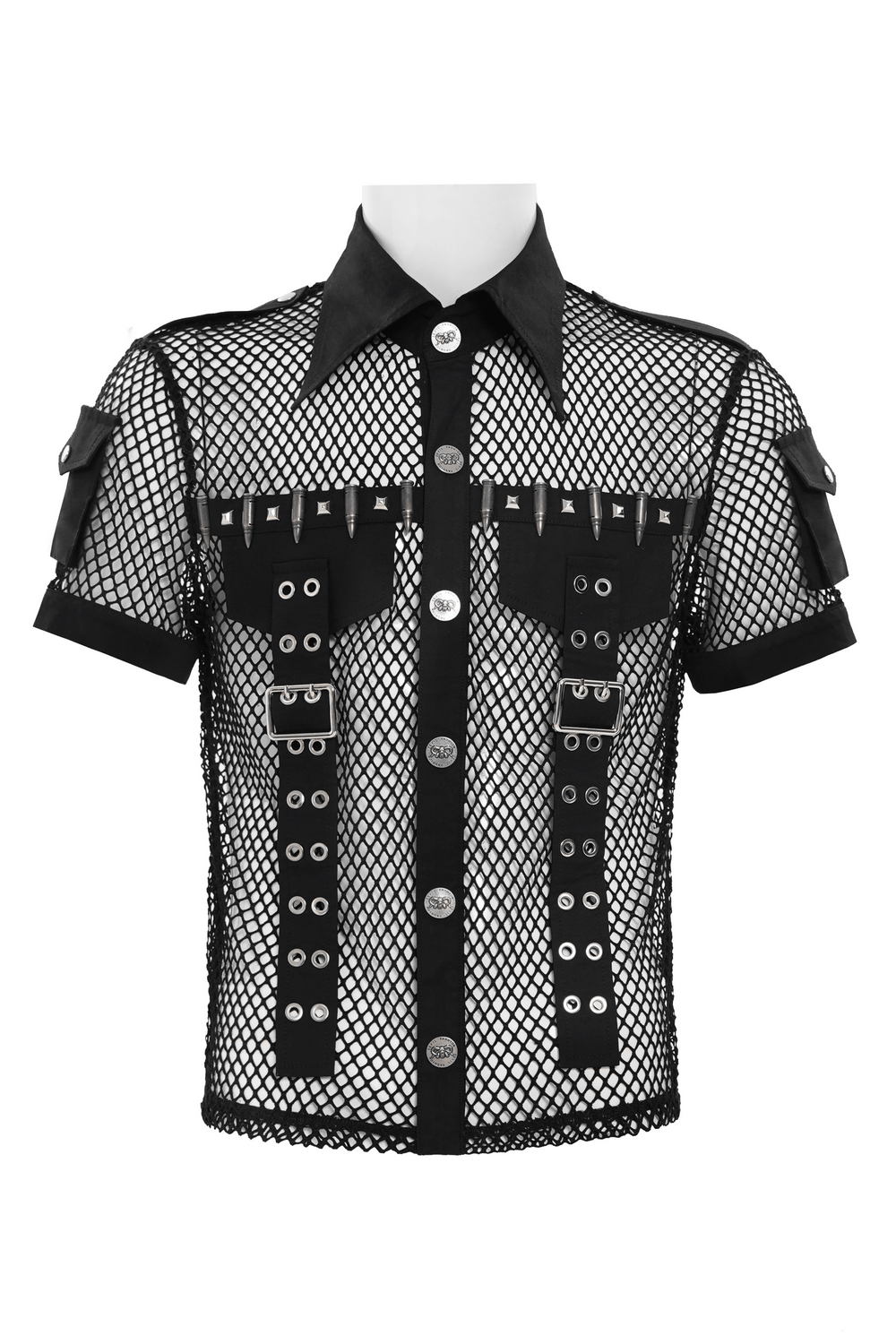 Men's Gothic Fishnet Shirt with Studded Buckles showcasing a unique design with buckles and mesh fabric.