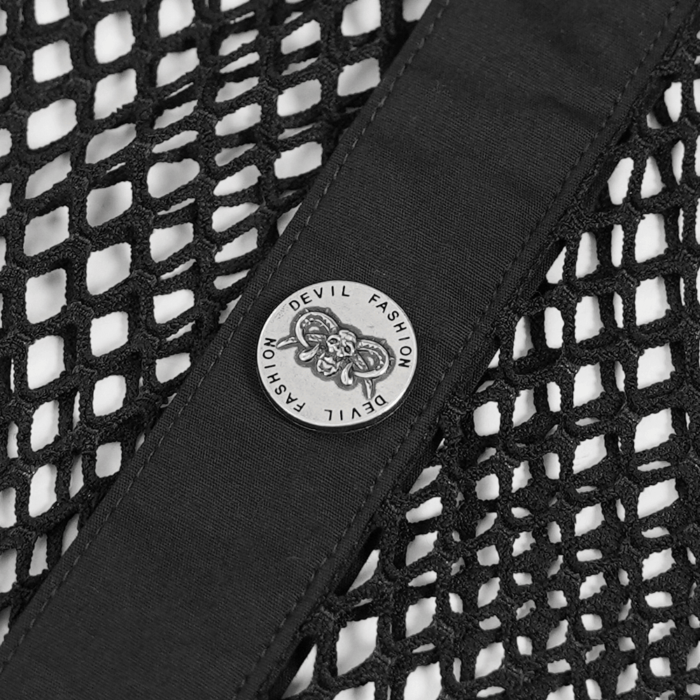 Men's Gothic Fishnet Shirt with Studded Buckles detail featuring unique logo design