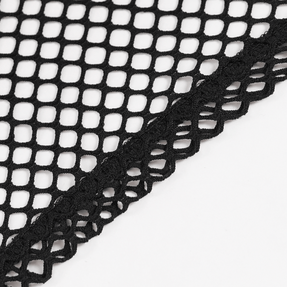 Close-up of fabric showing the intricate design of Men's Gothic Fishnet Shirt with Studded Buckles.