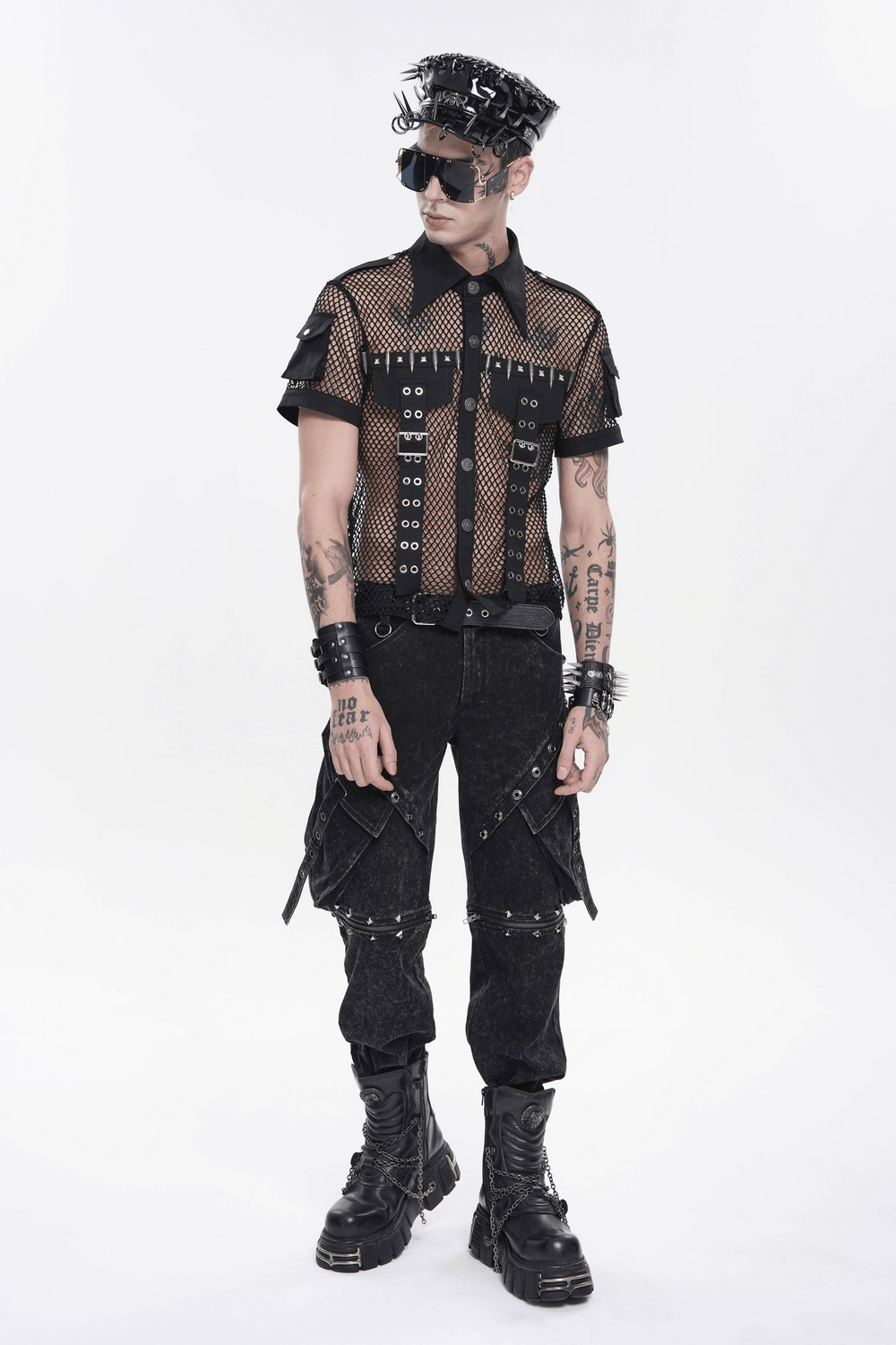Men's Gothic Fishnet Shirt with Studded Buckles worn by model posing in edgy fashion style.