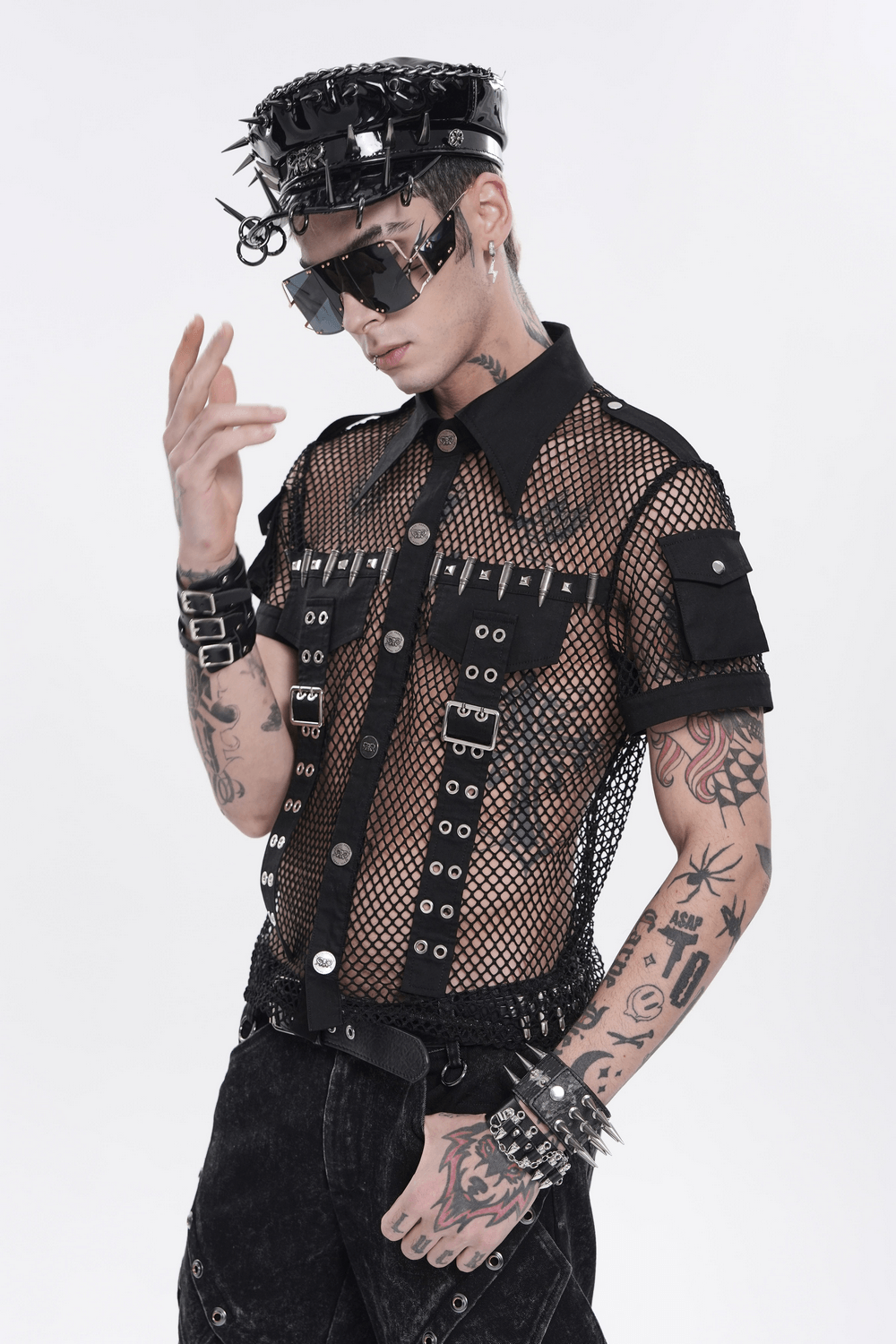 Men's Gothic Fishnet Shirt with Studded Buckles worn by a model, showcasing edgy style and punk accessories.