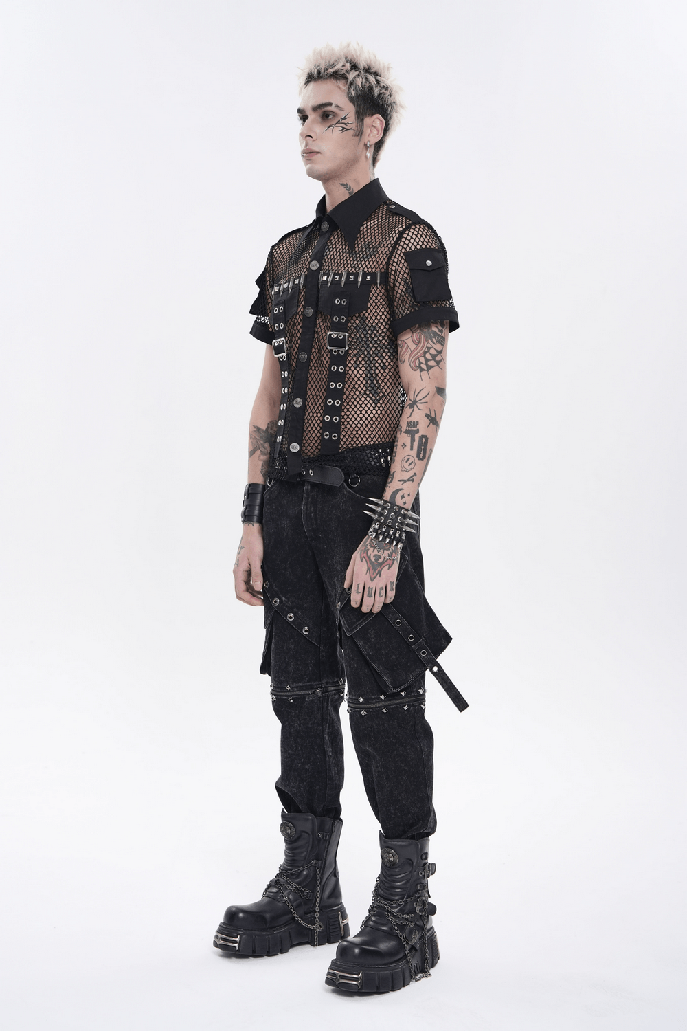 Men's Gothic Fishnet Shirt with Studded Buckles showcased by a model in edgy fashion style.