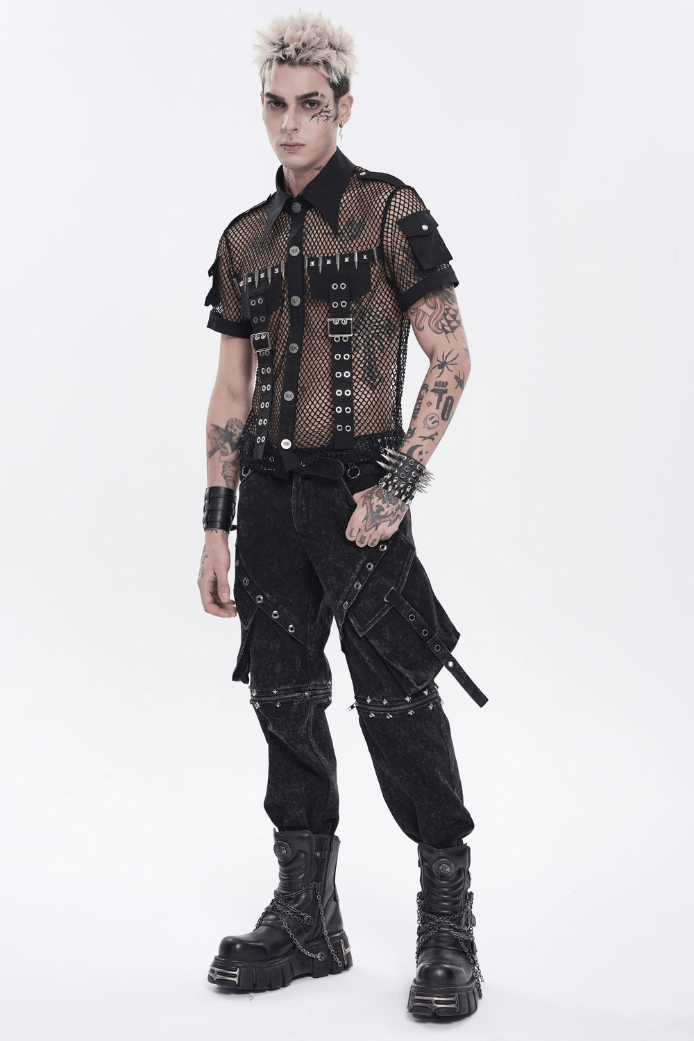 Men's Gothic Fishnet Shirt with Studded Buckles worn by a model with tattoos and stylish accessories.