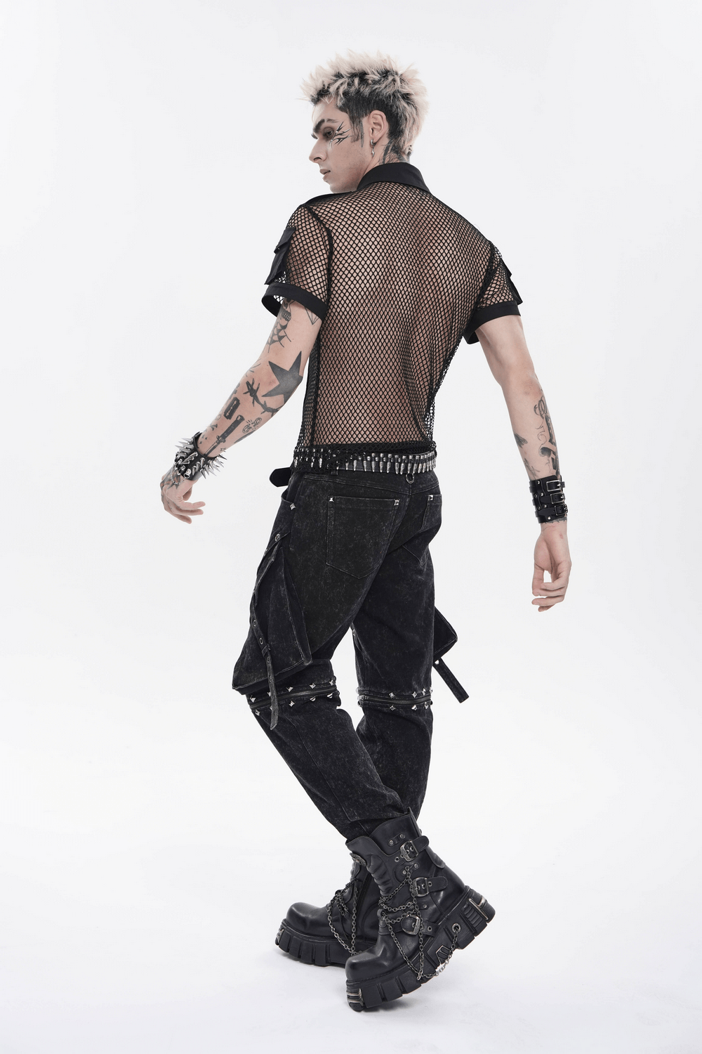 Men's Gothic Fishnet Shirt with Studded Buckles worn by a model showcasing a stylish punk look.