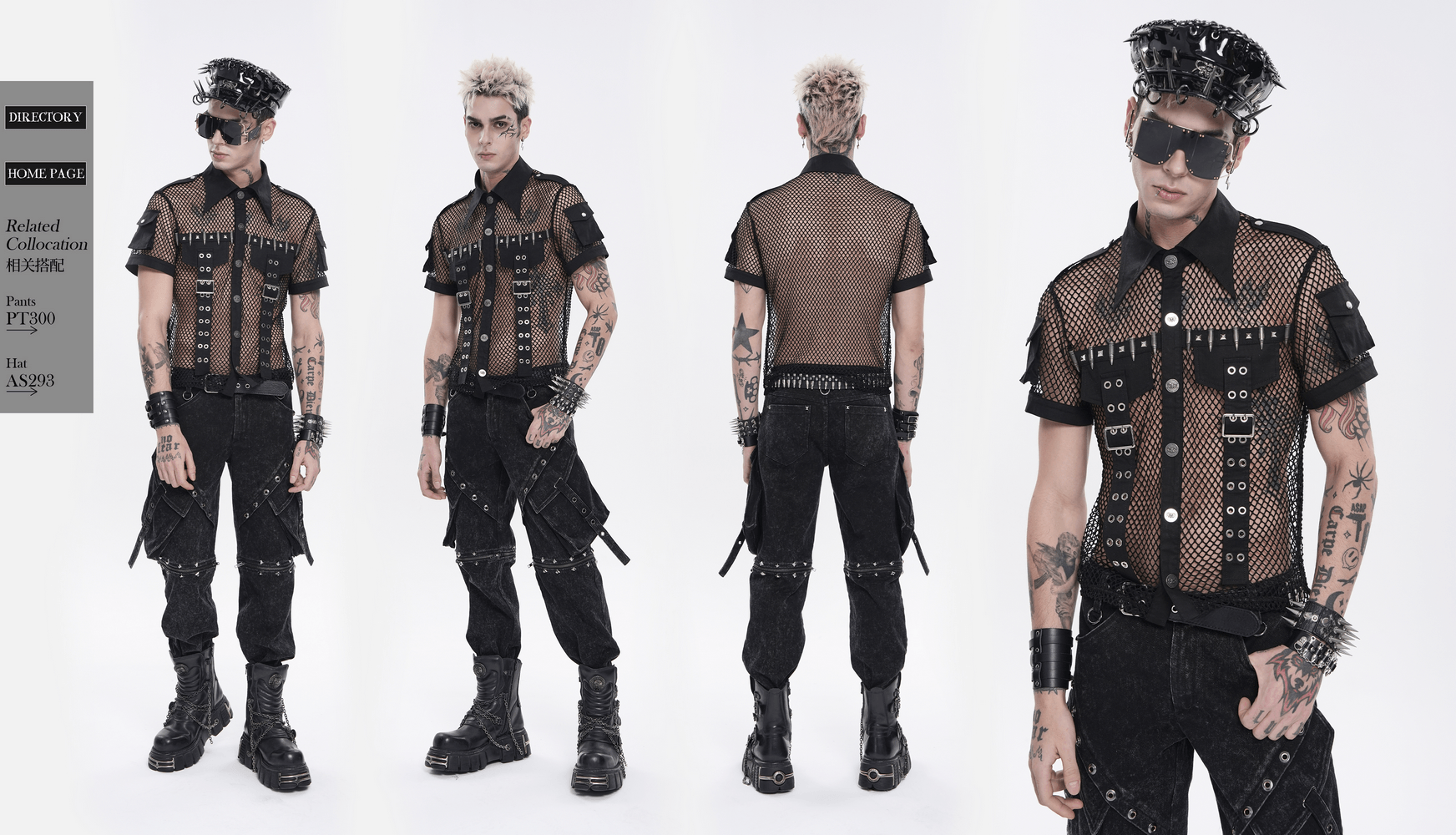 Men's Gothic Fishnet Shirt with Studded Buckles worn by a model in a stylish pose.
