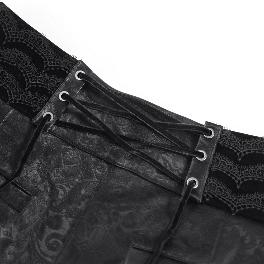 Close-up of Men's Lace-Up Brocade Black Pants with Silver Clasps showcasing corset-style lacing and ornate lace trim.