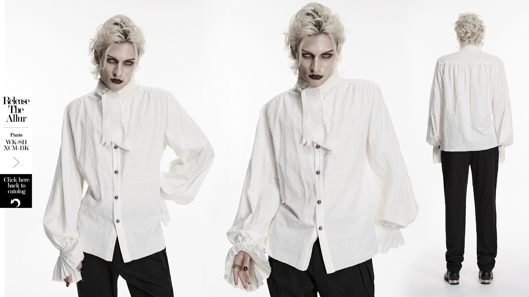 Men's Victorian Linen Jacquard Gothic Poet Shirt featuring detachable tie and frill cuffs for a vintage gothic look.