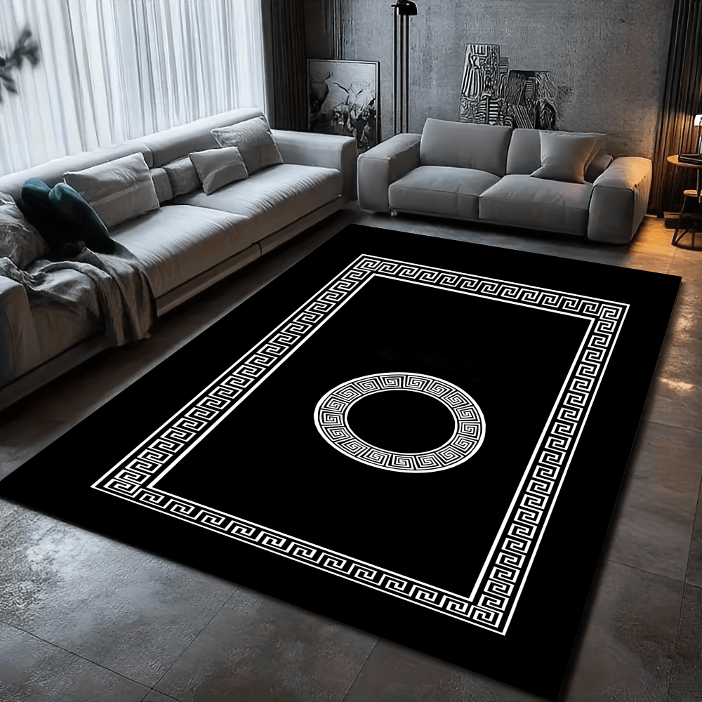 Modern Black Marble Area Rug with Greek Border in a stylish living room setting.