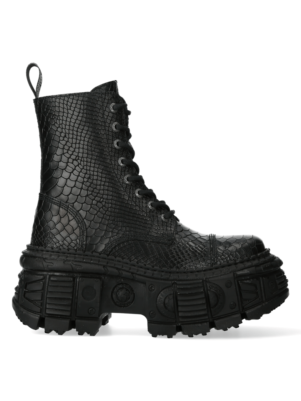NEW ROCK black textured platform ankle boots with bold lace-up design and chunky sole.