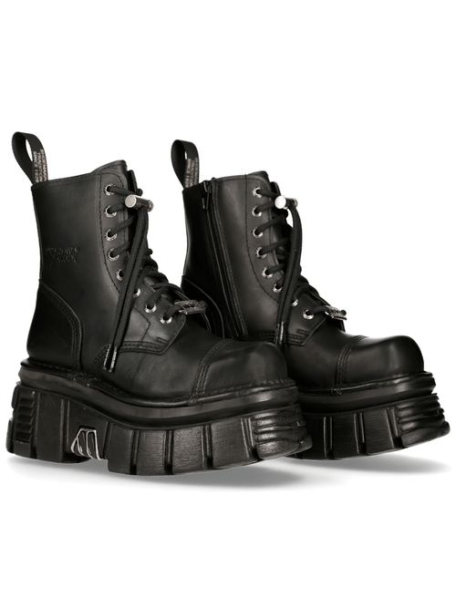 NEUE ROCK Damen Chunky Plateauschuhe aus schwarzem Leder mit Schnürung